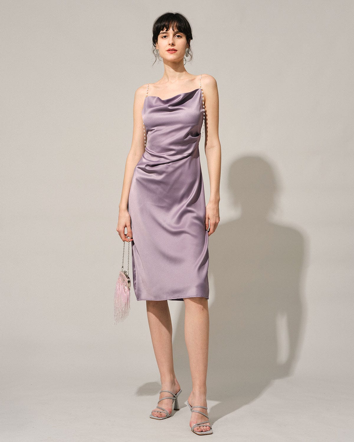 The Solid Cowl Neck Pearl Strap Midi Dress Cowl Neck Sleeveless Satin