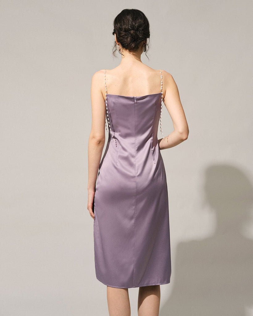 The Solid Cowl Neck Pearl Strap Midi Dress Cowl Neck Sleeveless Satin