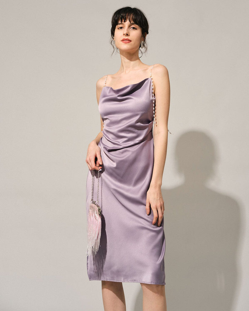 The Cowl Neck Pearl Strap Midi Dress Purple Dresses - RIHOAS