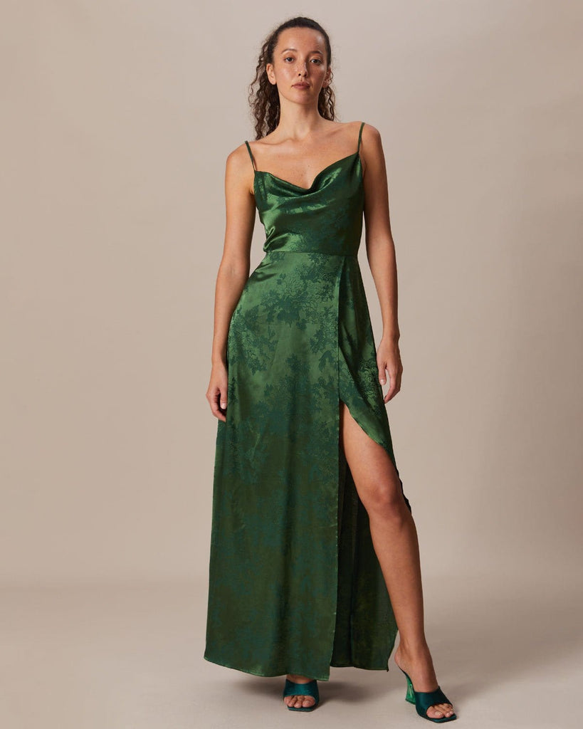 The Cowl Neck Satin Jacquard Dress Green Dresses - RIHOAS