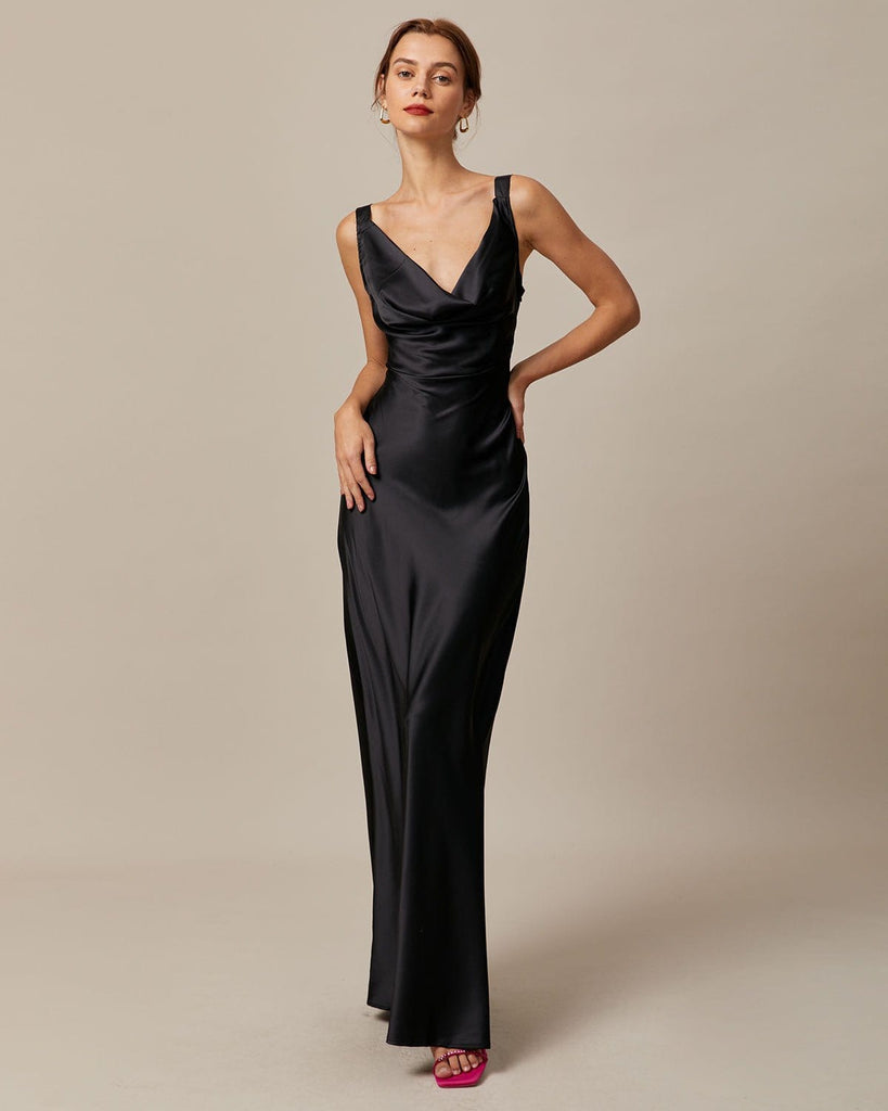 The Cowl Neck Satin Maxi Dress Black Dresses - RIHOAS