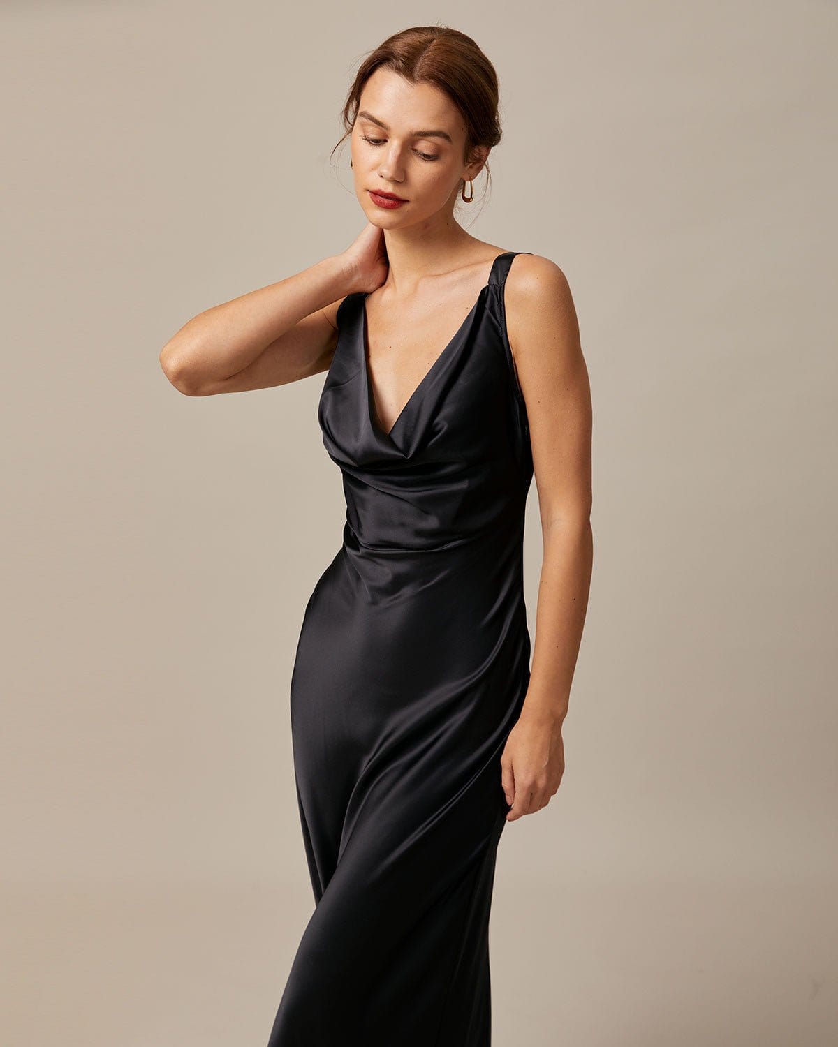 Black Satin Cowl Neck Draped Maxi Dress