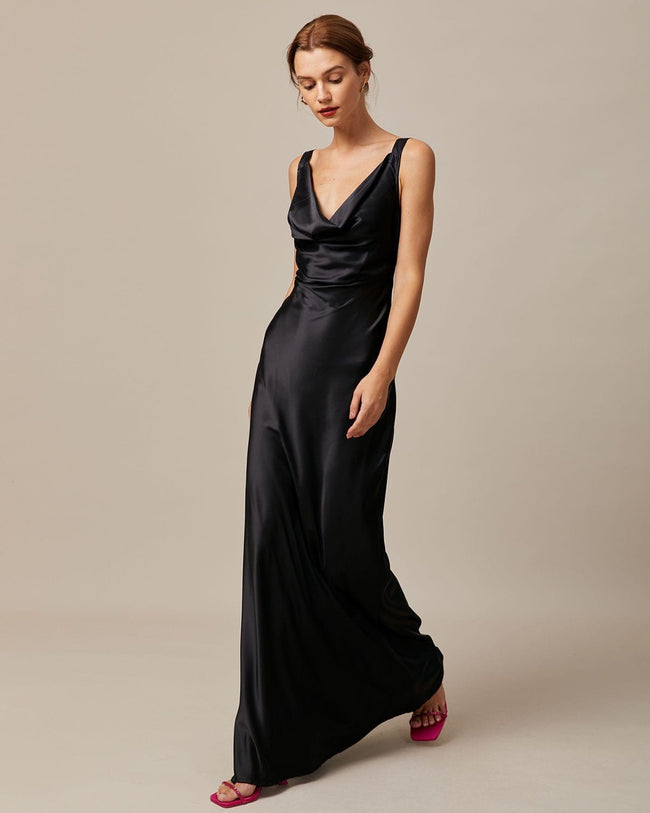 The Black Cowl Neck Sheath Satin Maxi Dress & Reviews