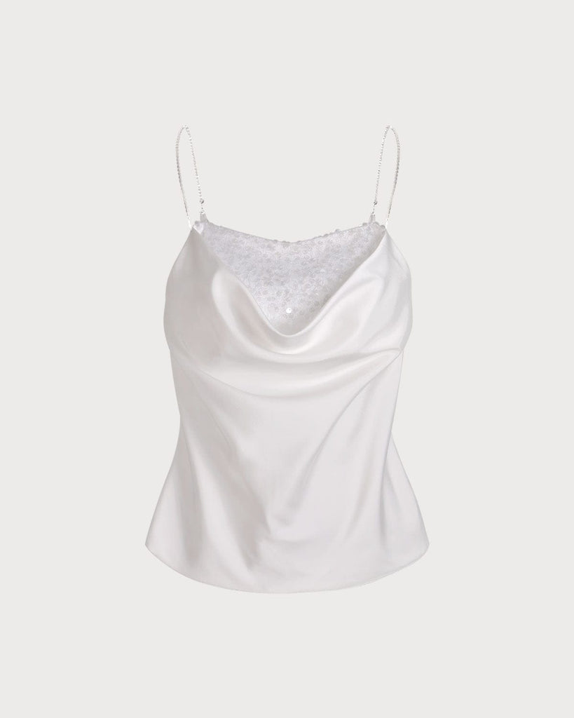 The Cowl Neck Sequin Cami Top White Tops - RIHOAS