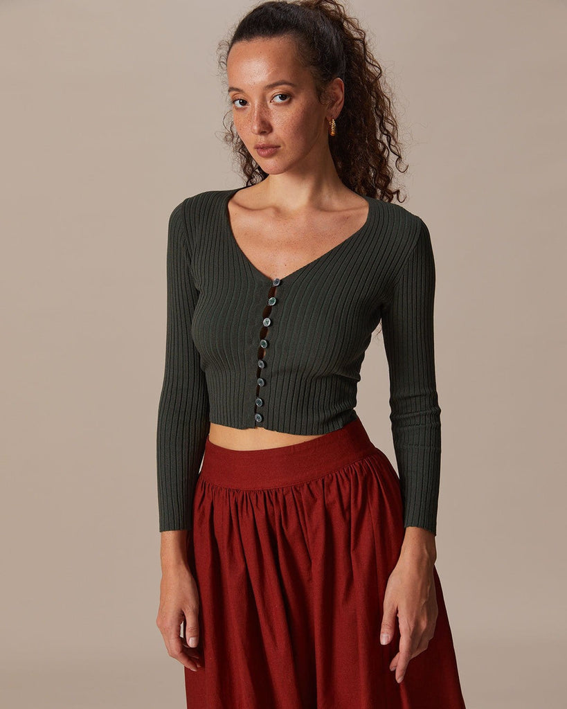 The Dark Green Button Ribbed Top Dark Green Tops - RIHOAS