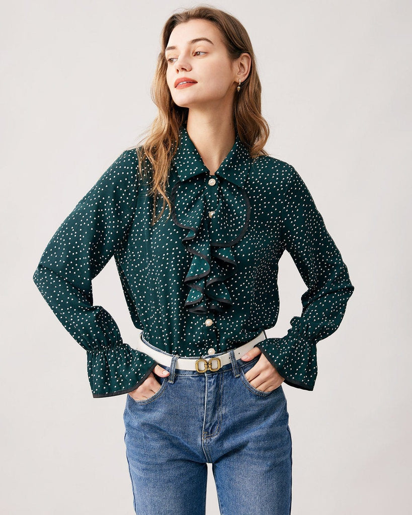 The Dark Green Collared Dot Shirt Tops - RIHOAS