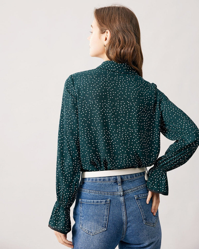 The Dark Green Collared Dot Shirt Tops - RIHOAS