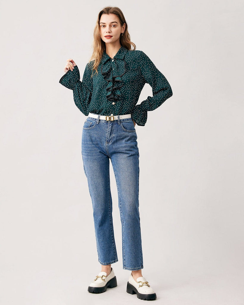 The Dark Green Collared Dot Shirt Tops - RIHOAS