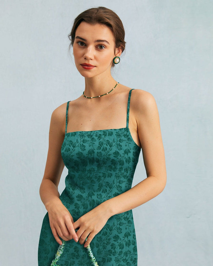 The Dark Green Floral Jacquard Mini Dress Dresses - RIHOAS