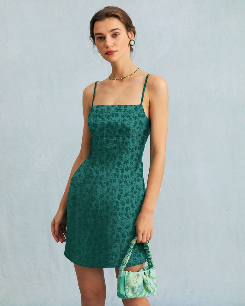 The Dark Green Floral Jacquard Mini Dress Dresses - RIHOAS