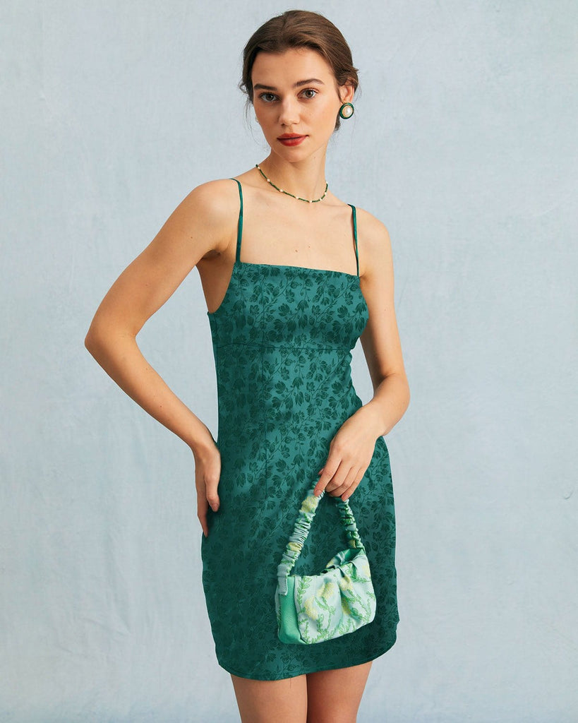 The Dark Green Floral Jacquard Mini Dress Dresses - RIHOAS