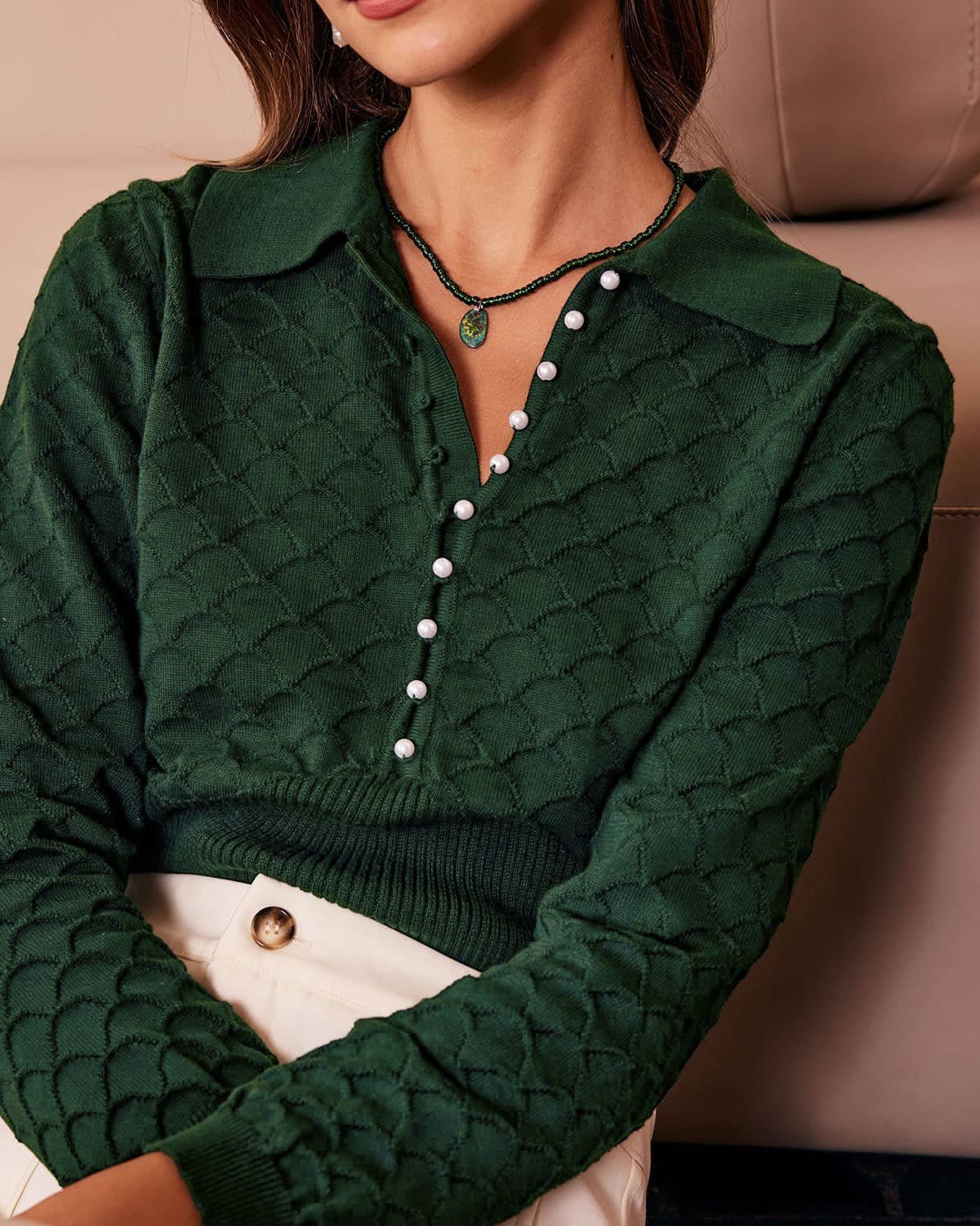 The Dark Green Lapel Ribbed Textured Knit Top - Long Sleeve Ribbed ...