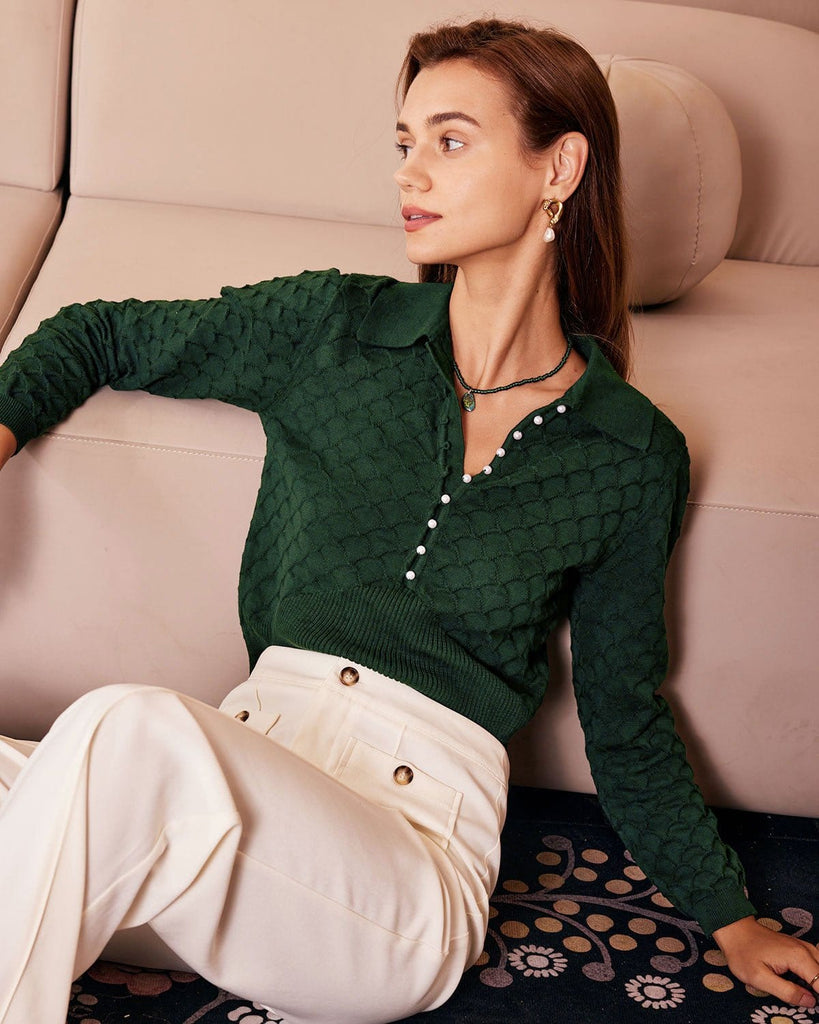The Dark Green Textured Button Knit Top Tops - RIHOAS