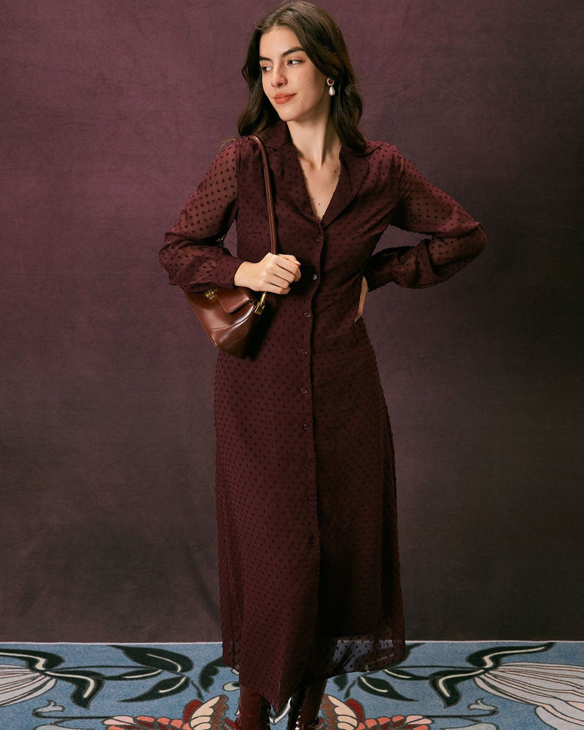 The Dark Red Lapel Dobby Mesh Dress Dark Red Dresses - RIHOAS