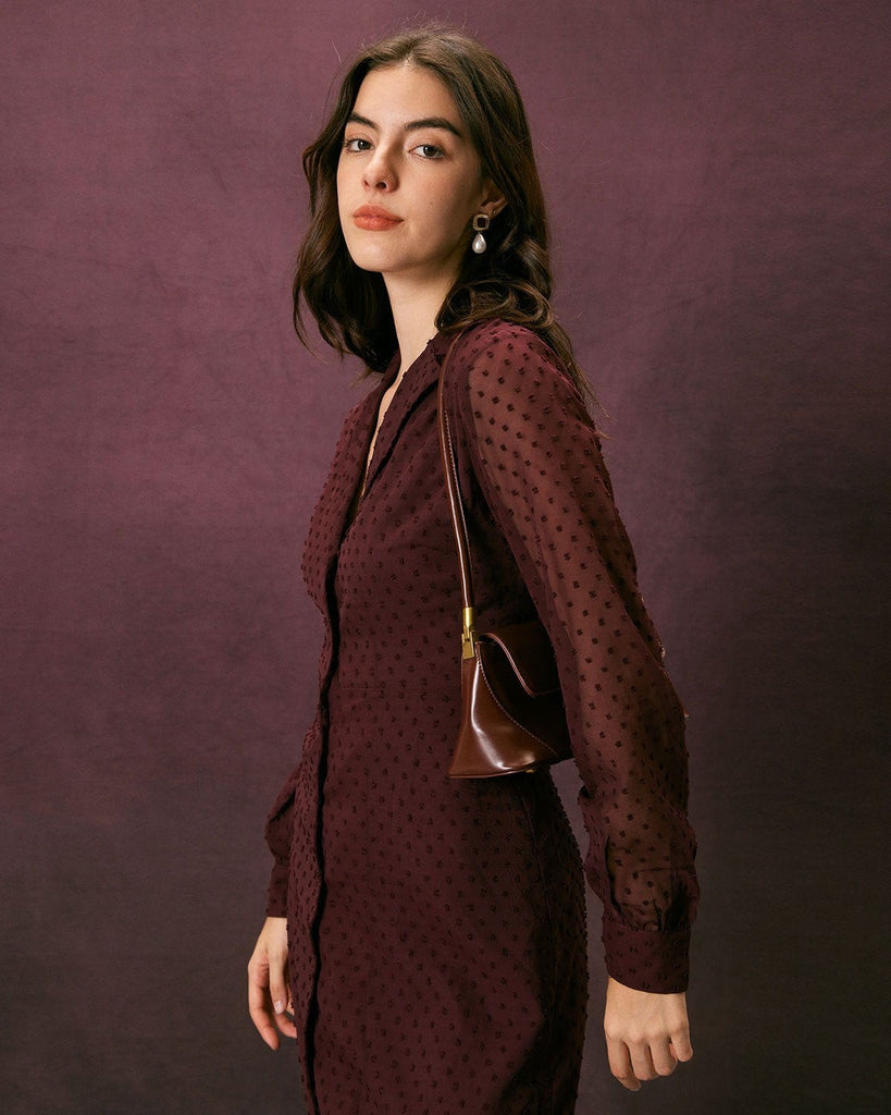 The Dark Red Lapel Dobby Mesh Dress Dresses - RIHOAS