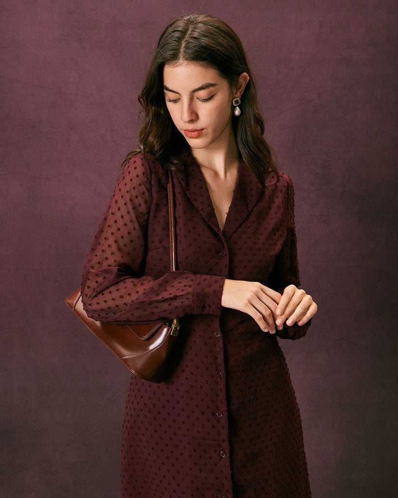 The Dark Red Lapel Dobby Mesh Dress Dresses - RIHOAS