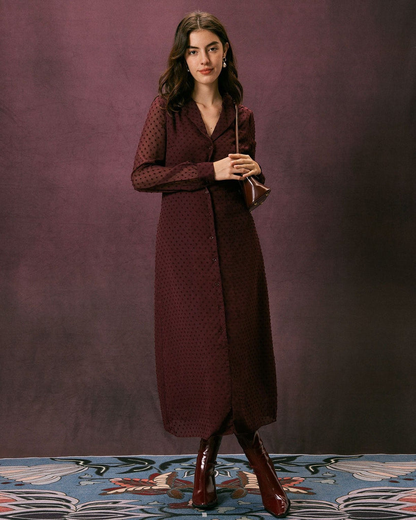 The Dark Red Lapel Dobby Mesh Dress Dresses - RIHOAS