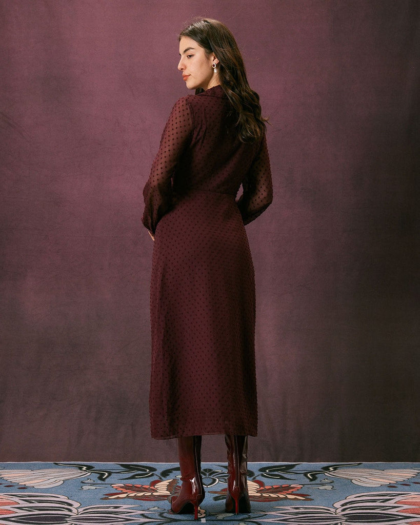 The Dark Red Lapel Dobby Mesh Dress Dresses - RIHOAS