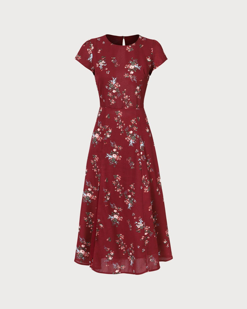 The Dark Red Round Neck Split Hem Midi Dress Dark Red Dresses - RIHOAS