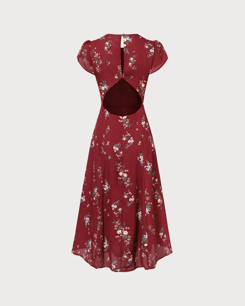 The Dark Red Round Neck Split Hem Midi Dress Dresses - RIHOAS