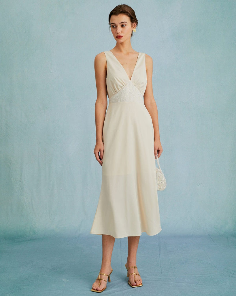 The Deep V Neck Lace Mermaid Midi Dress Apricot Dresses - RIHOAS