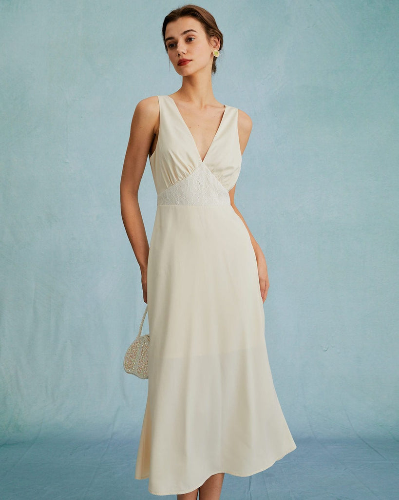 The Deep V Neck Lace Mermaid Midi Dress Dresses - RIHOAS