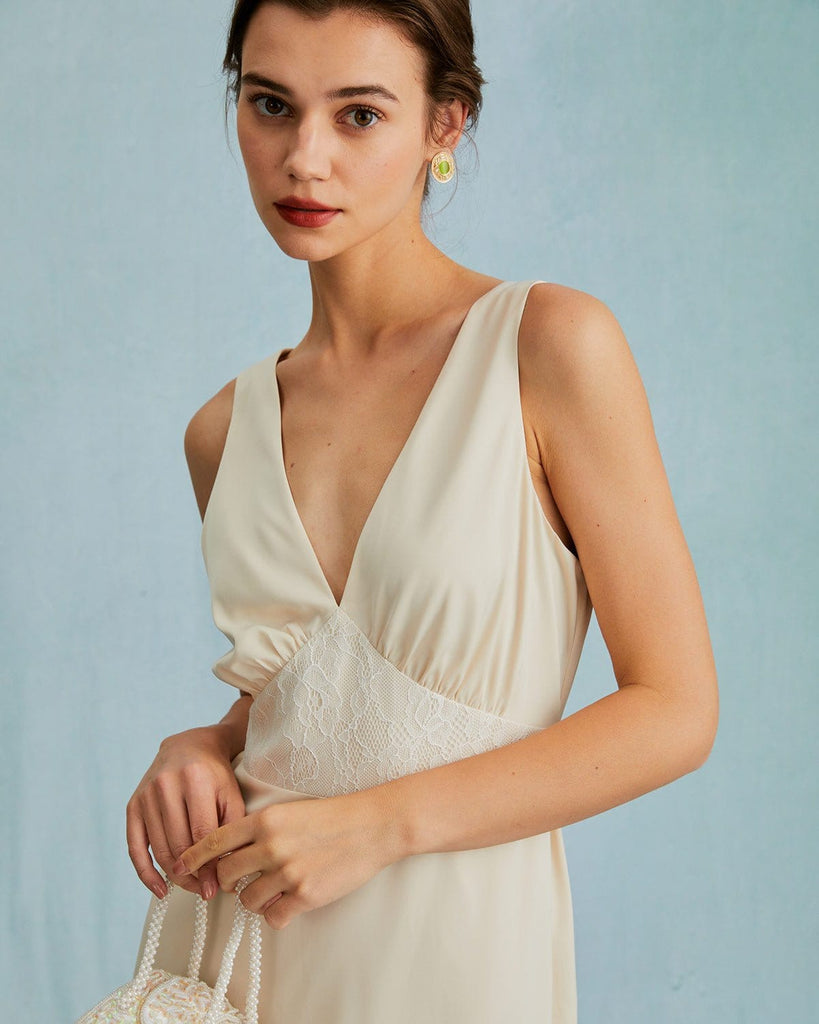 The Deep V Neck Lace Mermaid Midi Dress Dresses - RIHOAS