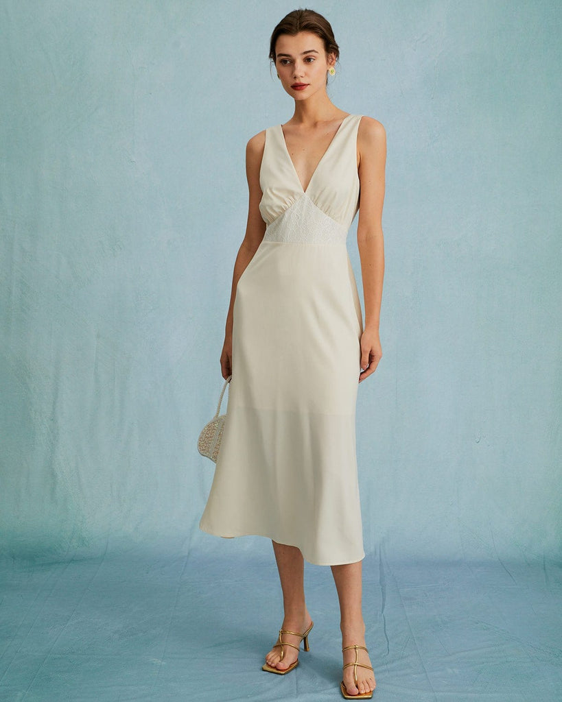 The Deep V Neck Lace Mermaid Midi Dress Dresses - RIHOAS