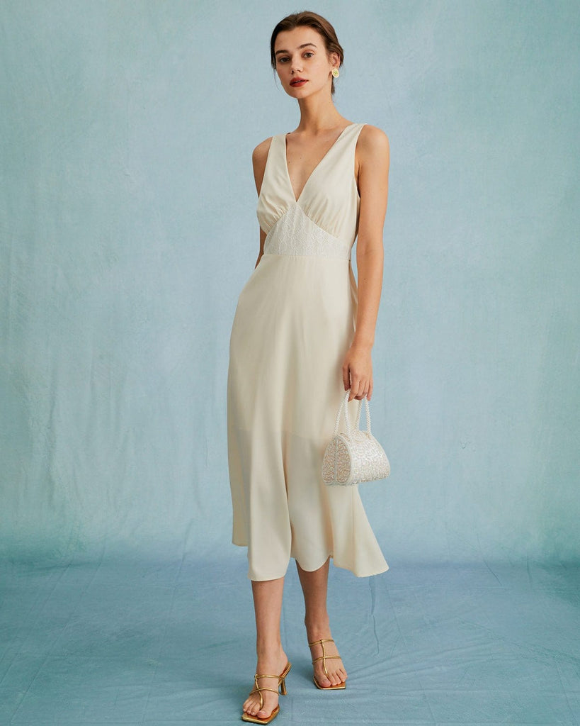 The Deep V Neck Lace Mermaid Midi Dress Dresses - RIHOAS