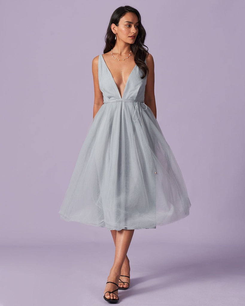 The Deep V Neck Mesh Flowing Dress Light Blue Dresses - RIHOAS
