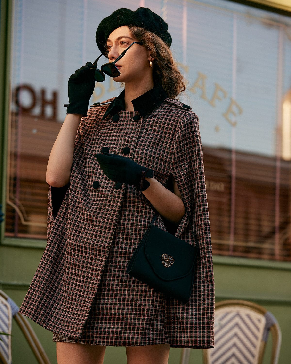 Double breasted Plaid Cape Coat