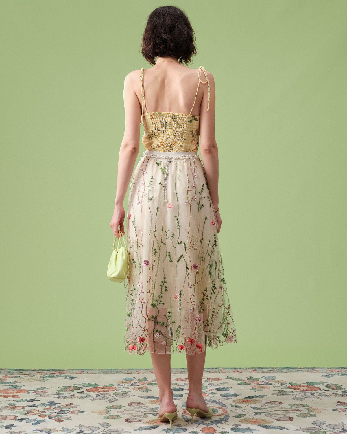 The High Waisted Floral Embroidery A-line Midi Skirt
