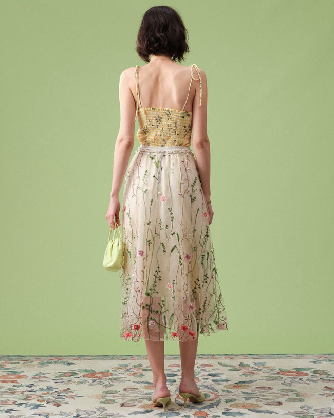 The High Waisted Floral Embroidery A-line Midi Skirt - Women's