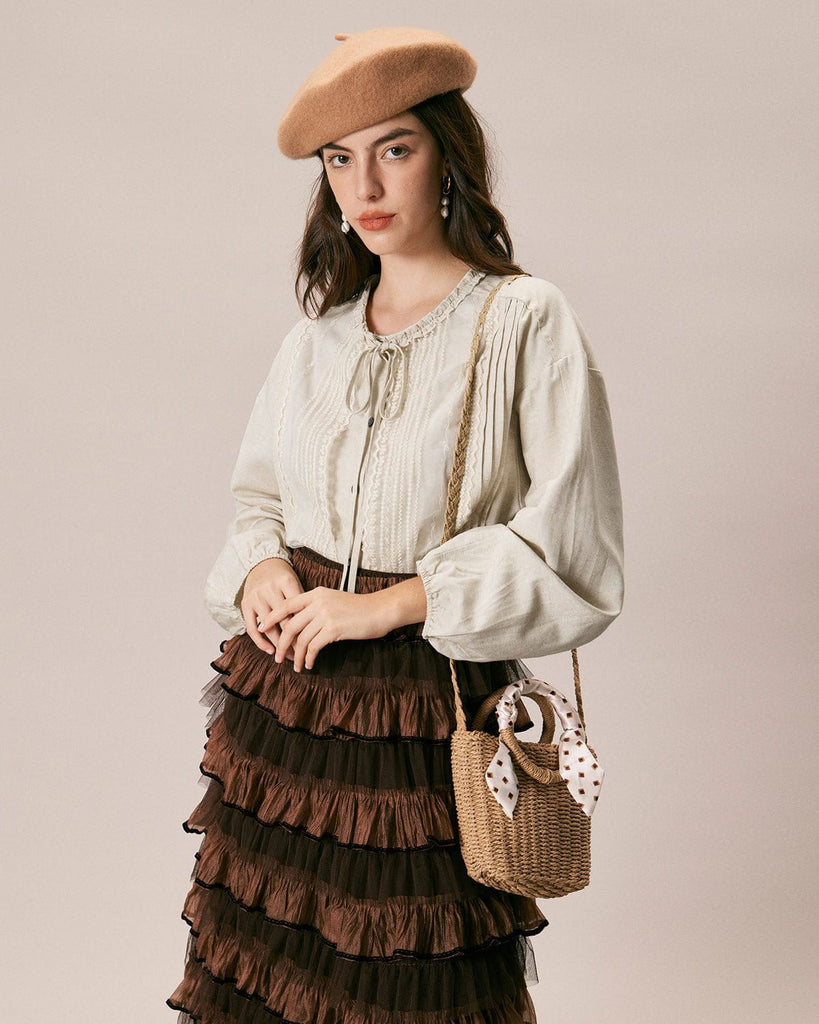 The Embroidery Long Sleeve Blouse Apricot Tops - RIHOAS
