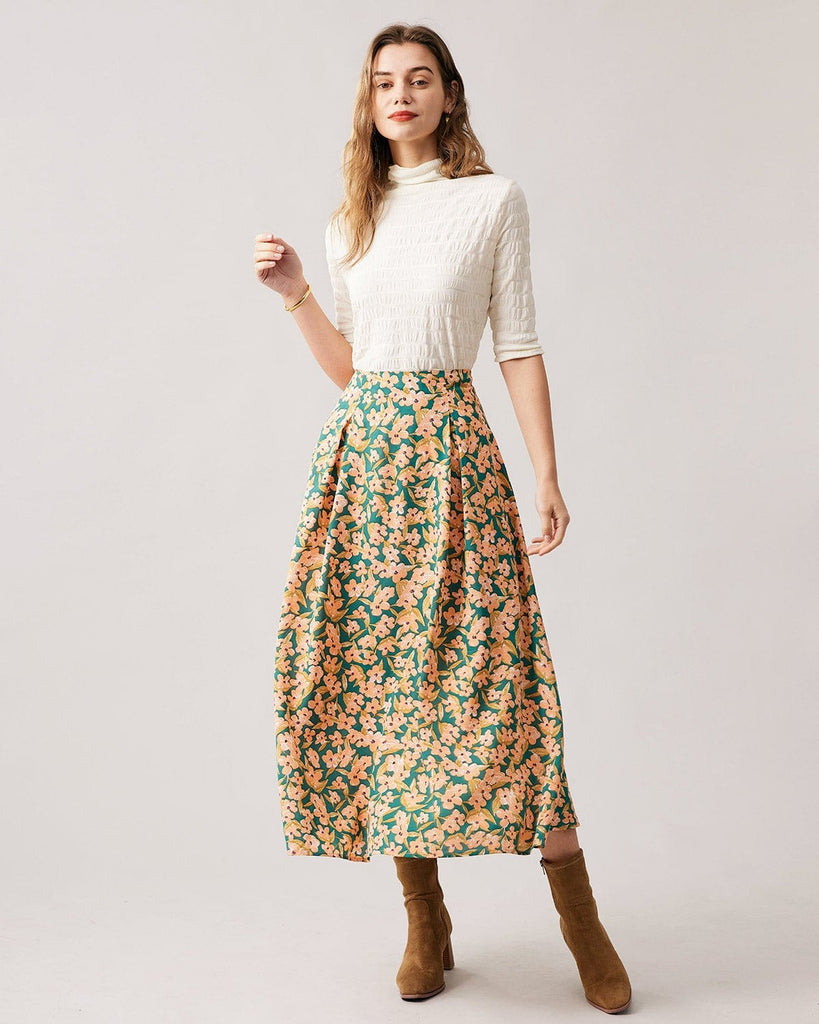The Floral Pleated Shirred Midi Skirt Bottoms - RIHOAS