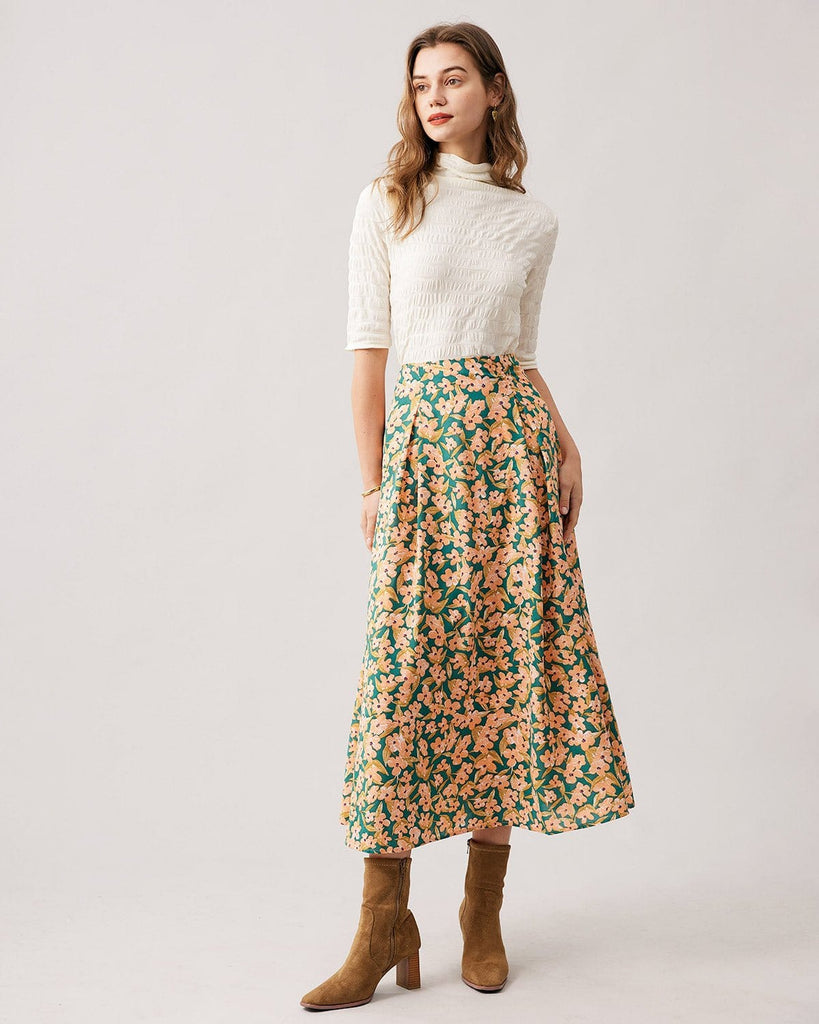 The Floral Pleated Shirred Midi Skirt Bottoms - RIHOAS