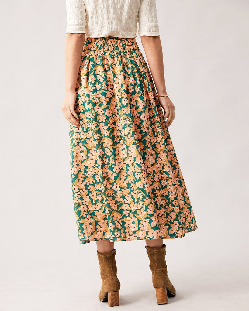 The Floral Pleated Shirred Midi Skirt Bottoms - RIHOAS