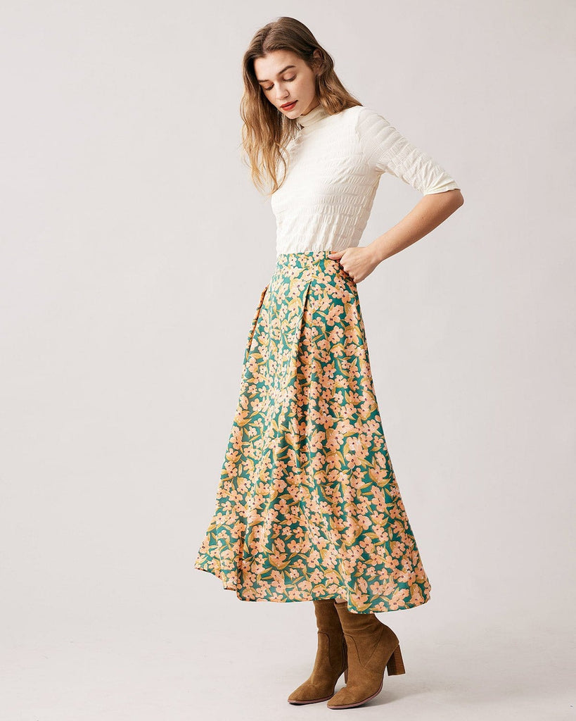 The Floral Pleated Shirred Midi Skirt Bottoms - RIHOAS