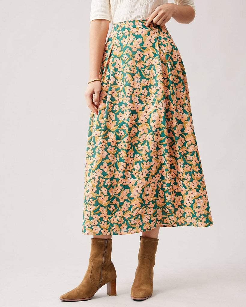 The Floral Pleated Shirred Midi Skirt Orange Bottoms - RIHOAS