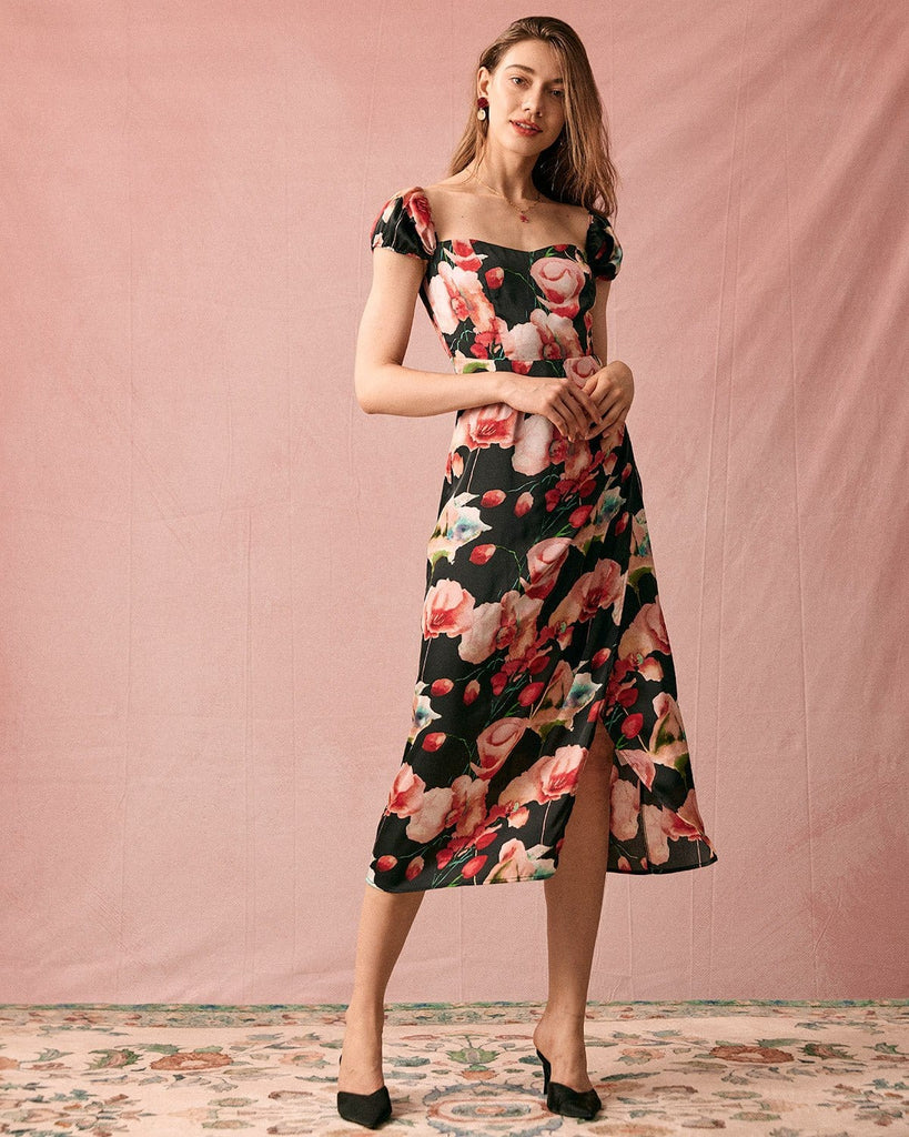 The Floral Print Shirred Midi Dress Black Dresses - RIHOAS