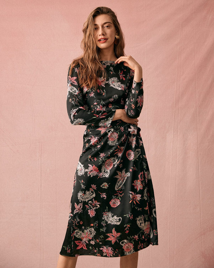 The Floral Ruched Midi Dress Black Dresses - RIHOAS