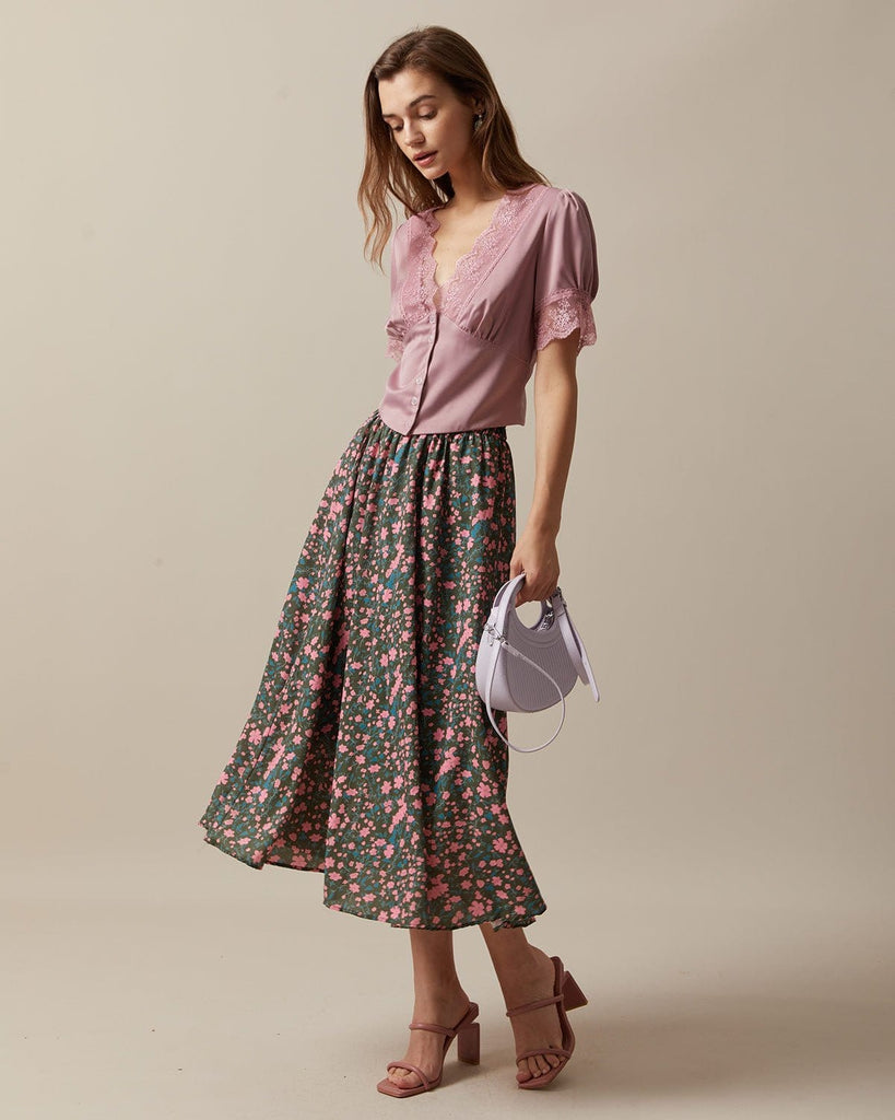 The Floral Ruched Midi Skirt Bottoms - RIHOAS