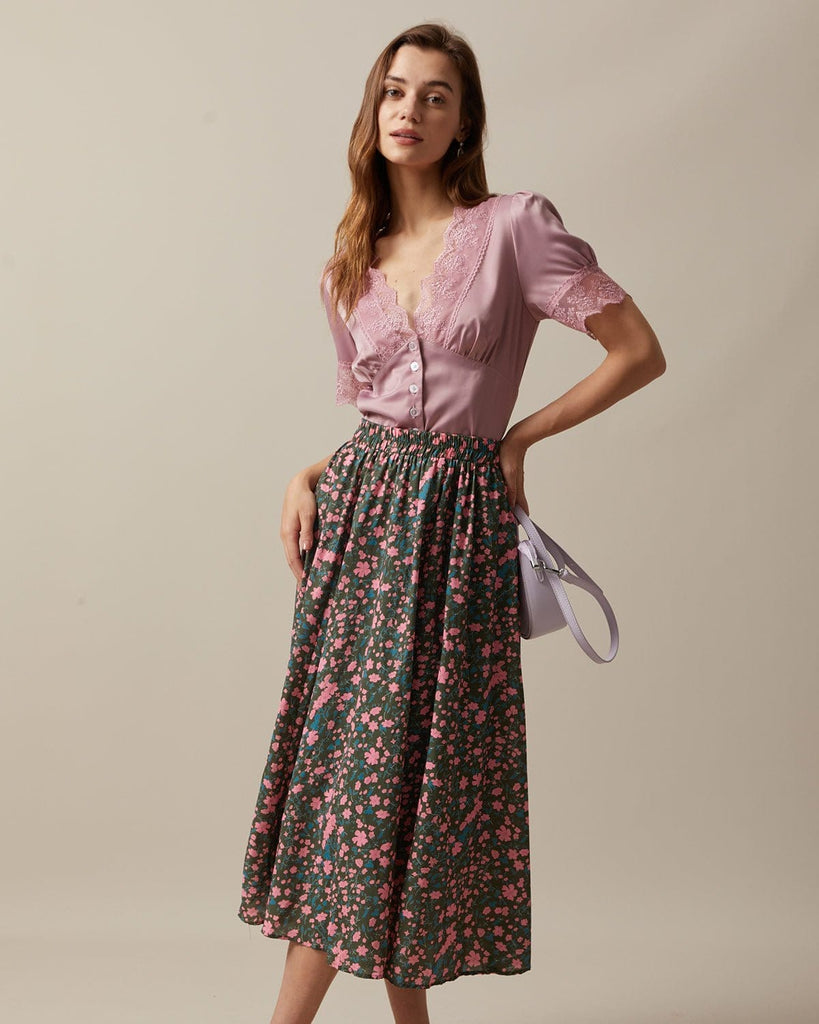 The Floral Ruched Midi Skirt Bottoms - RIHOAS