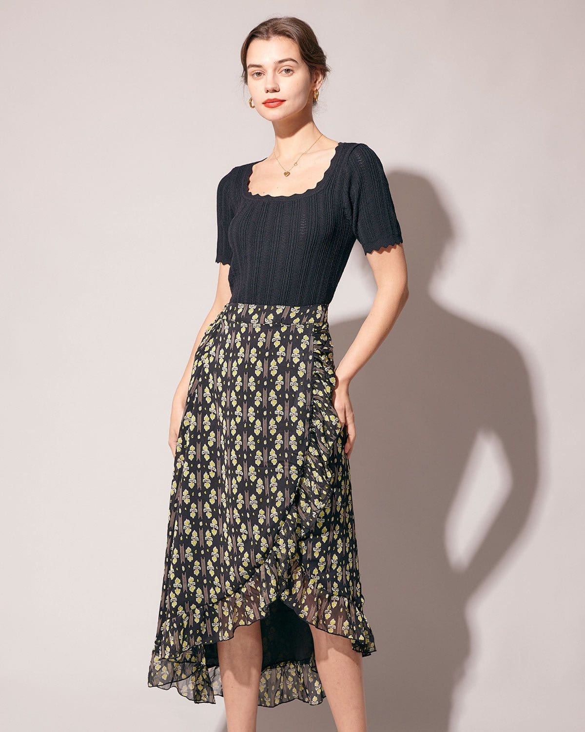 Black floral ruffle clearance skirt