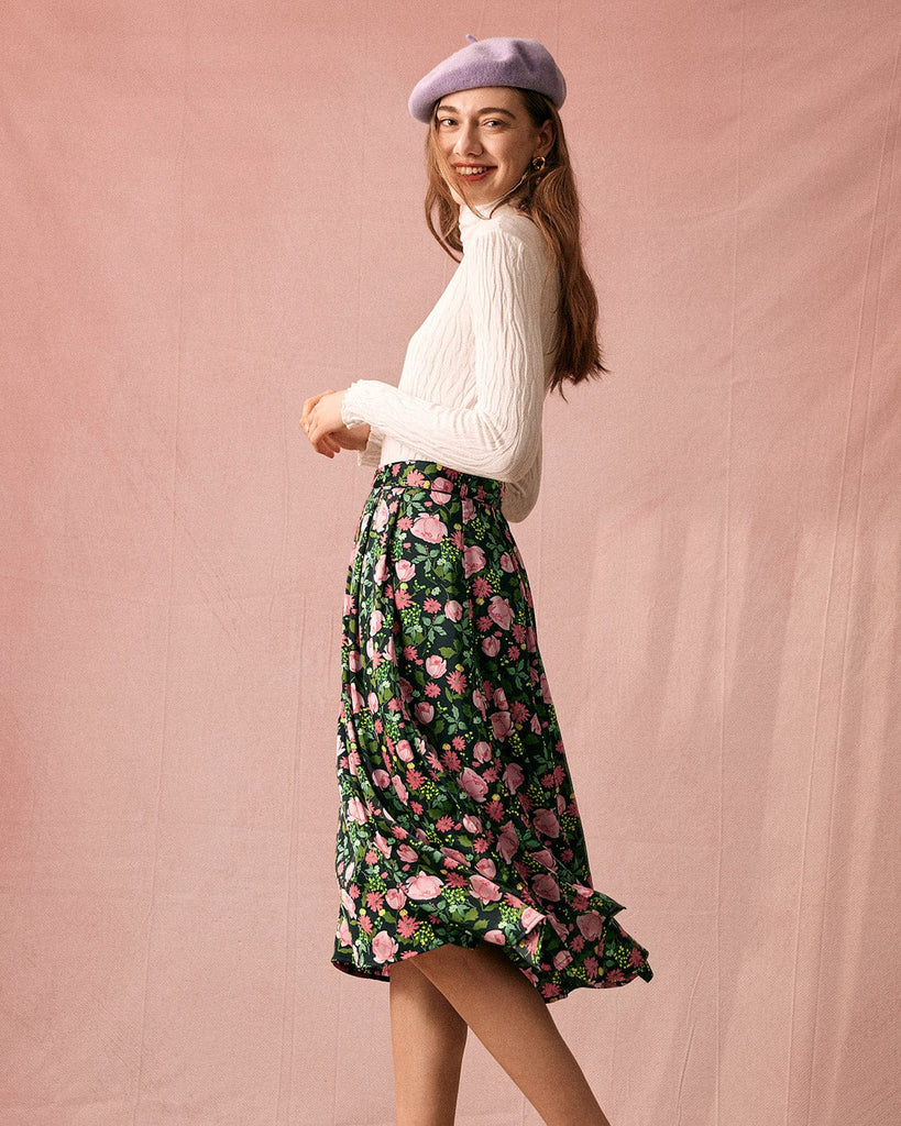 The Floral Satin Midi Skirt Bottoms - RIHOAS