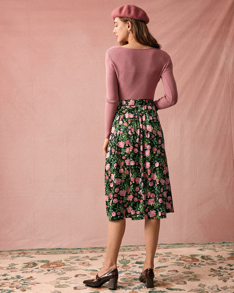 The Floral Satin Midi Skirt Bottoms - RIHOAS