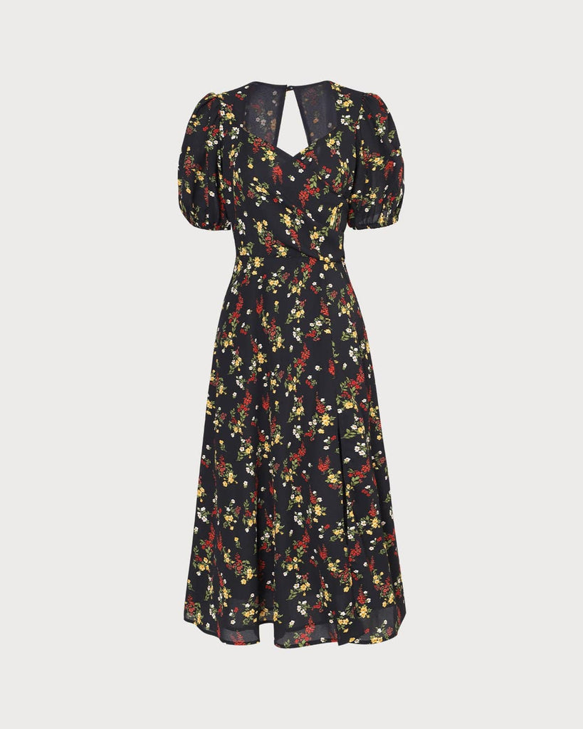 The Floral Sweetheart Neck Midi Dress Black Dresses - RIHOAS