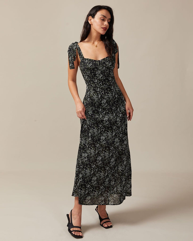 The Floral Tie Strap Maxi Dress Black Dresses - RIHOAS