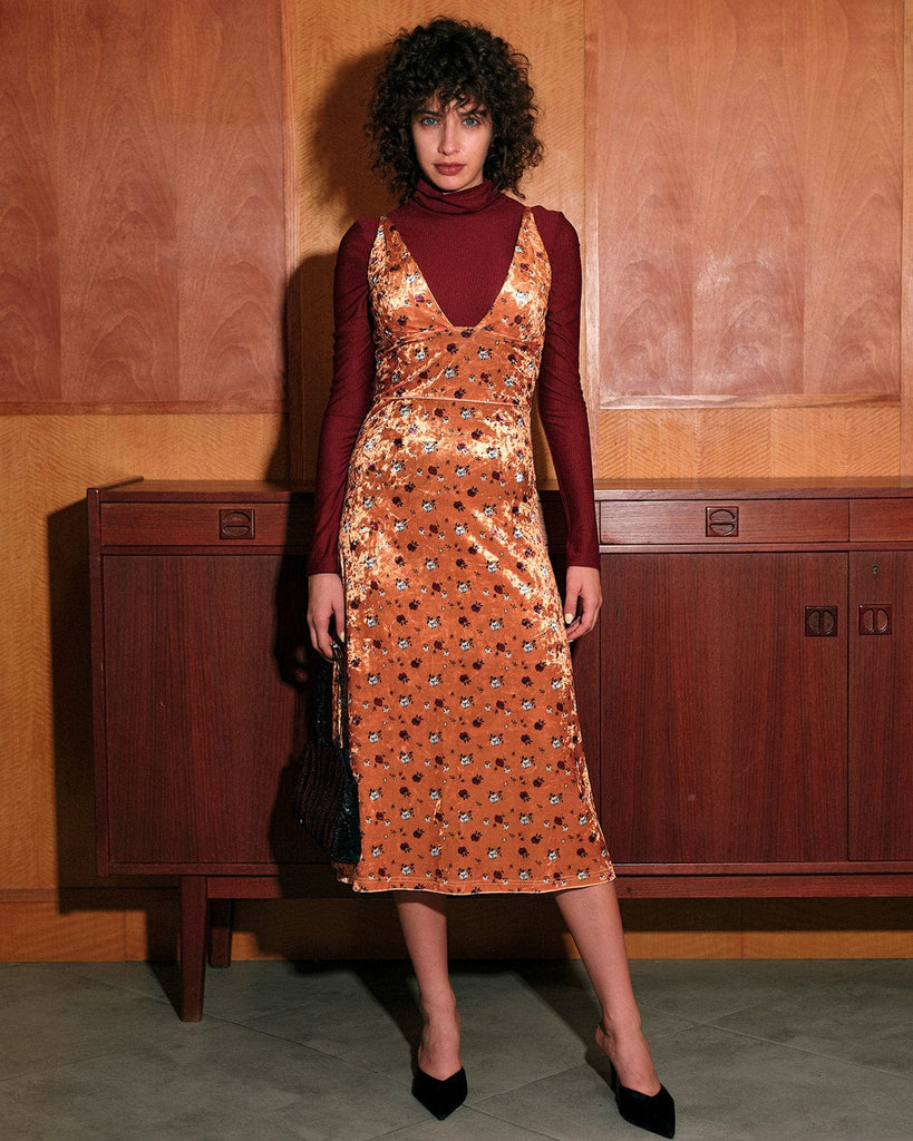 The Floral Printed Velvet Sling Midi Dress