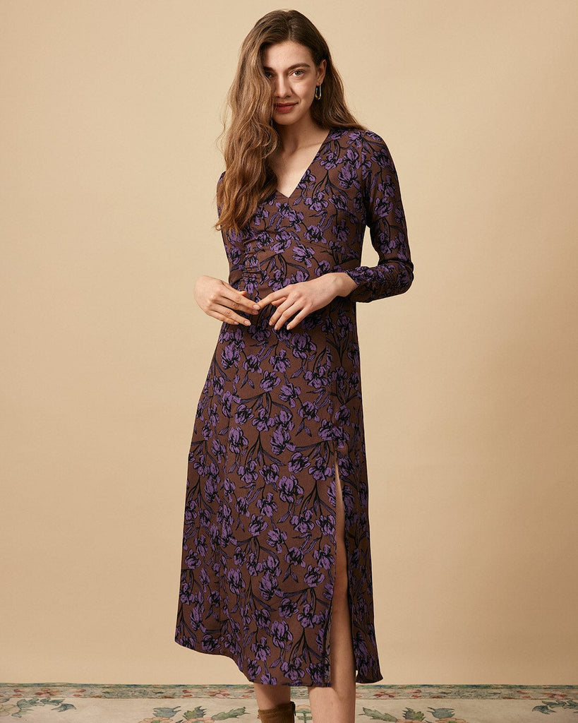 The Gathered Sleeve Detail Maxi Dress Brown Dresses - RIHOAS